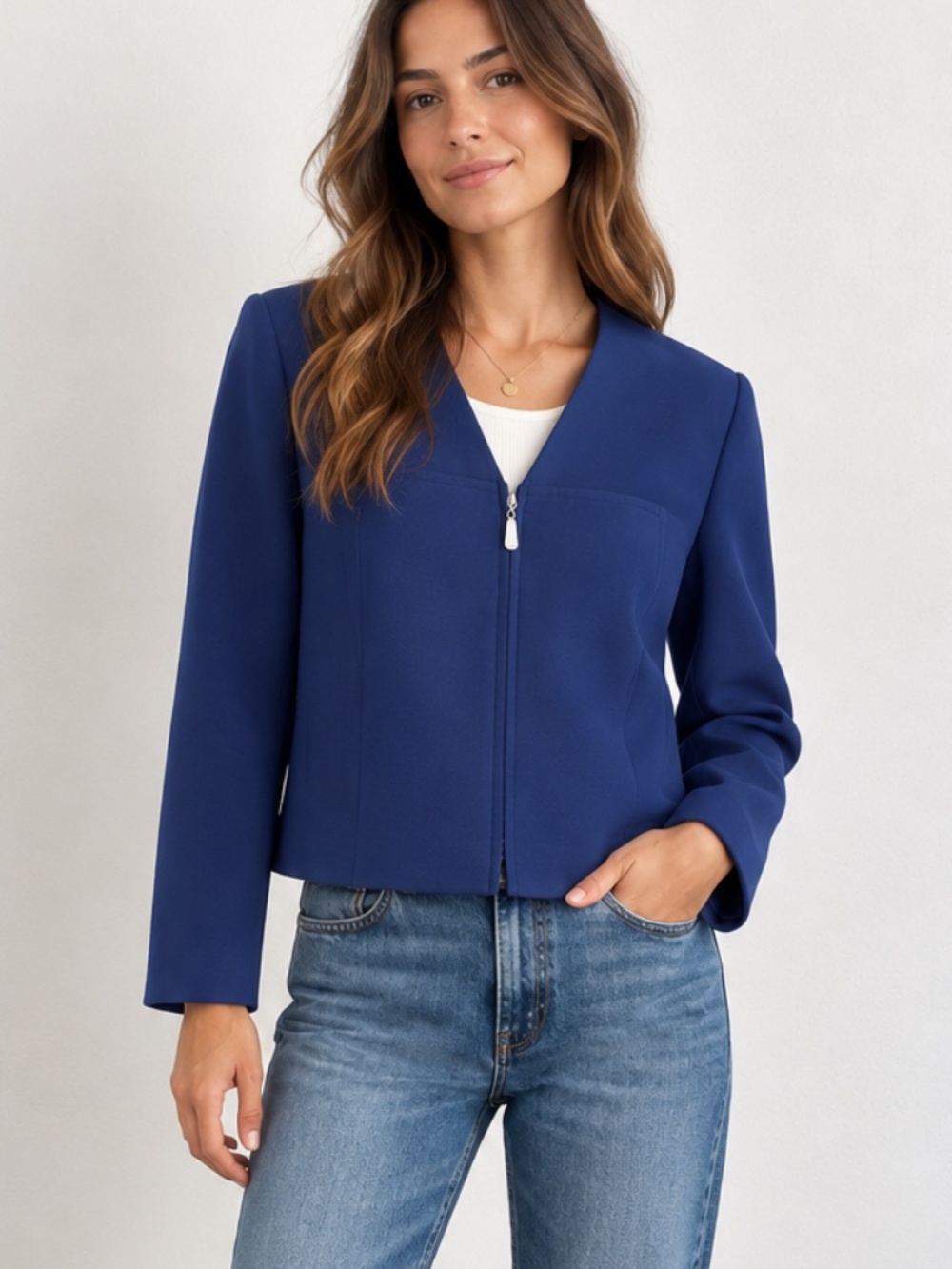 Vintage Dana Buchman Silk Cotton Zip Front Jacket Blue 8